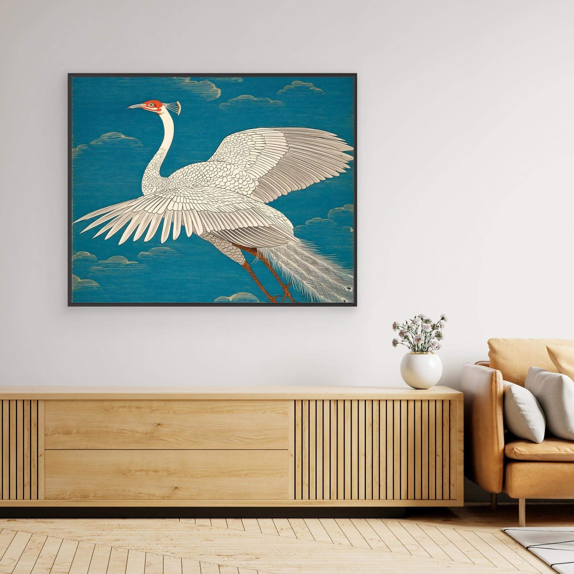 Japanese Crane Bird Art | Spread Wings Teal Sky Ukiyo-e Print