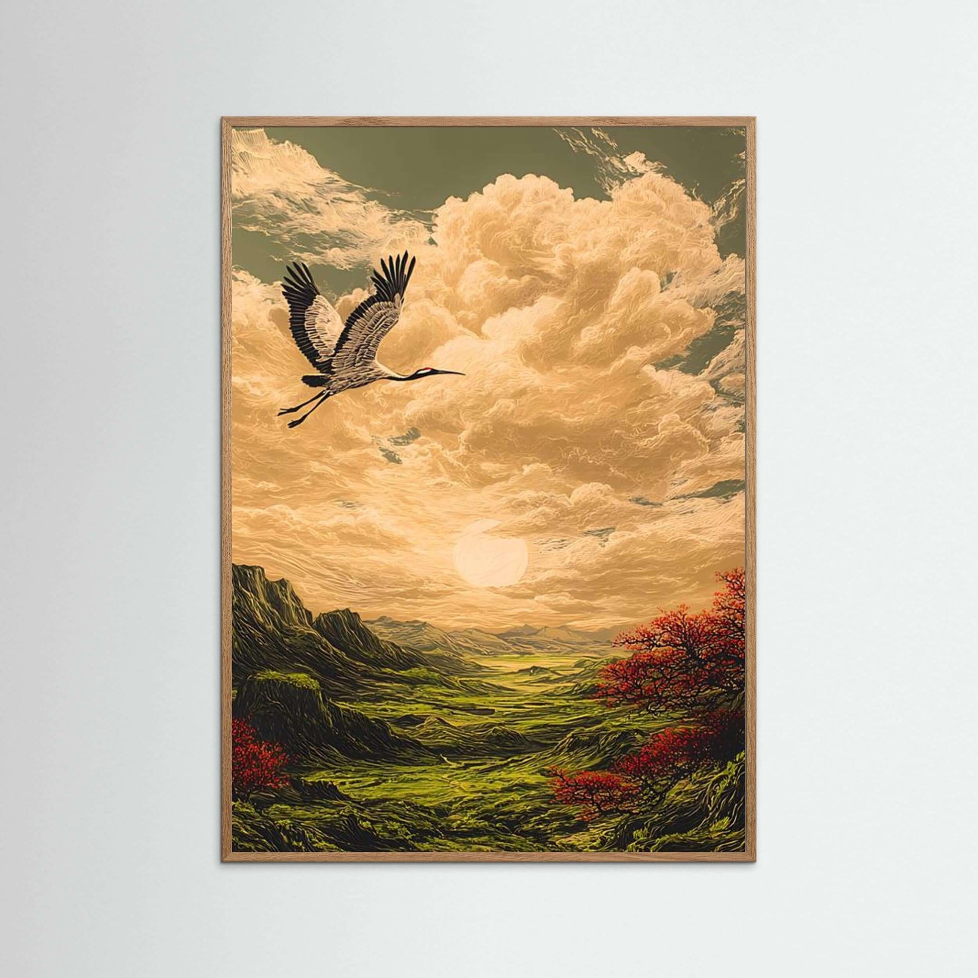 Crane Wall Art depicting a crane soaring over an emerald valley under a golden horizon with dramatic clouds.