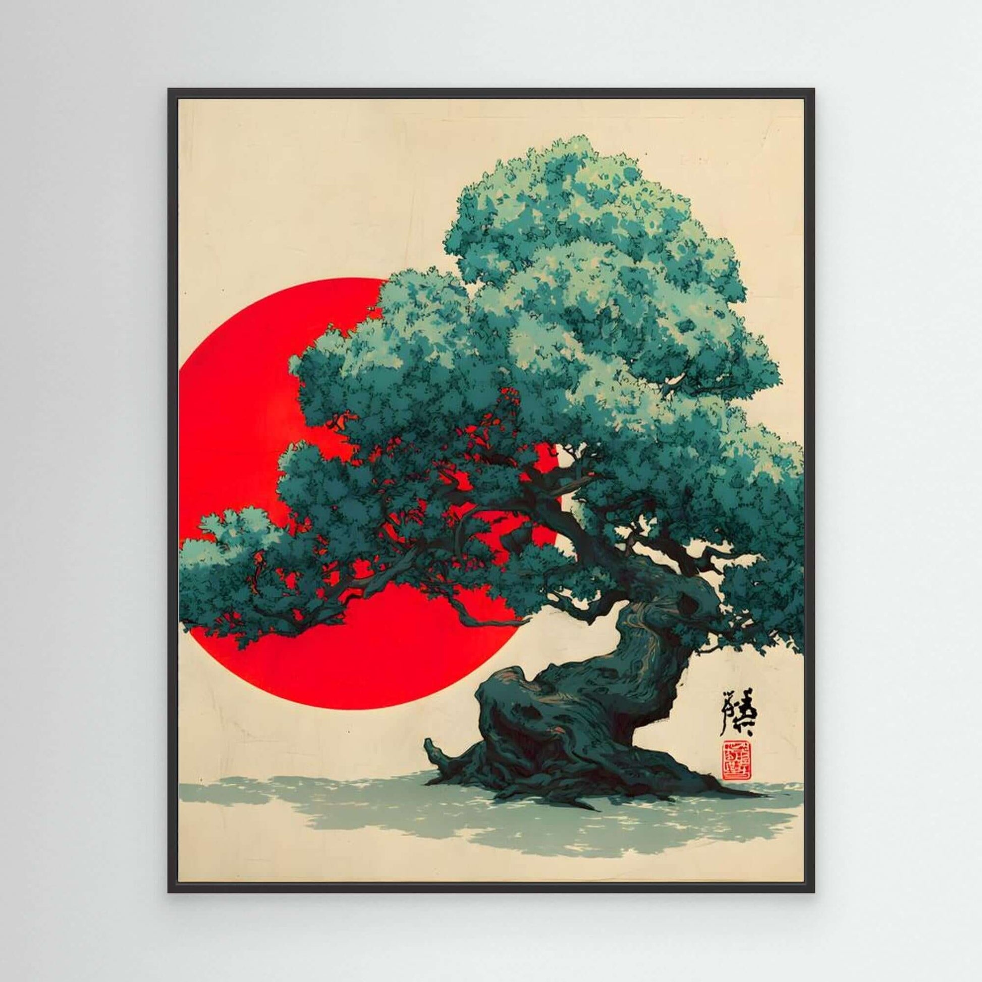 Japanese Red Sun Tree Art | Teal Bonsai Ukiyo-e Style Illustration