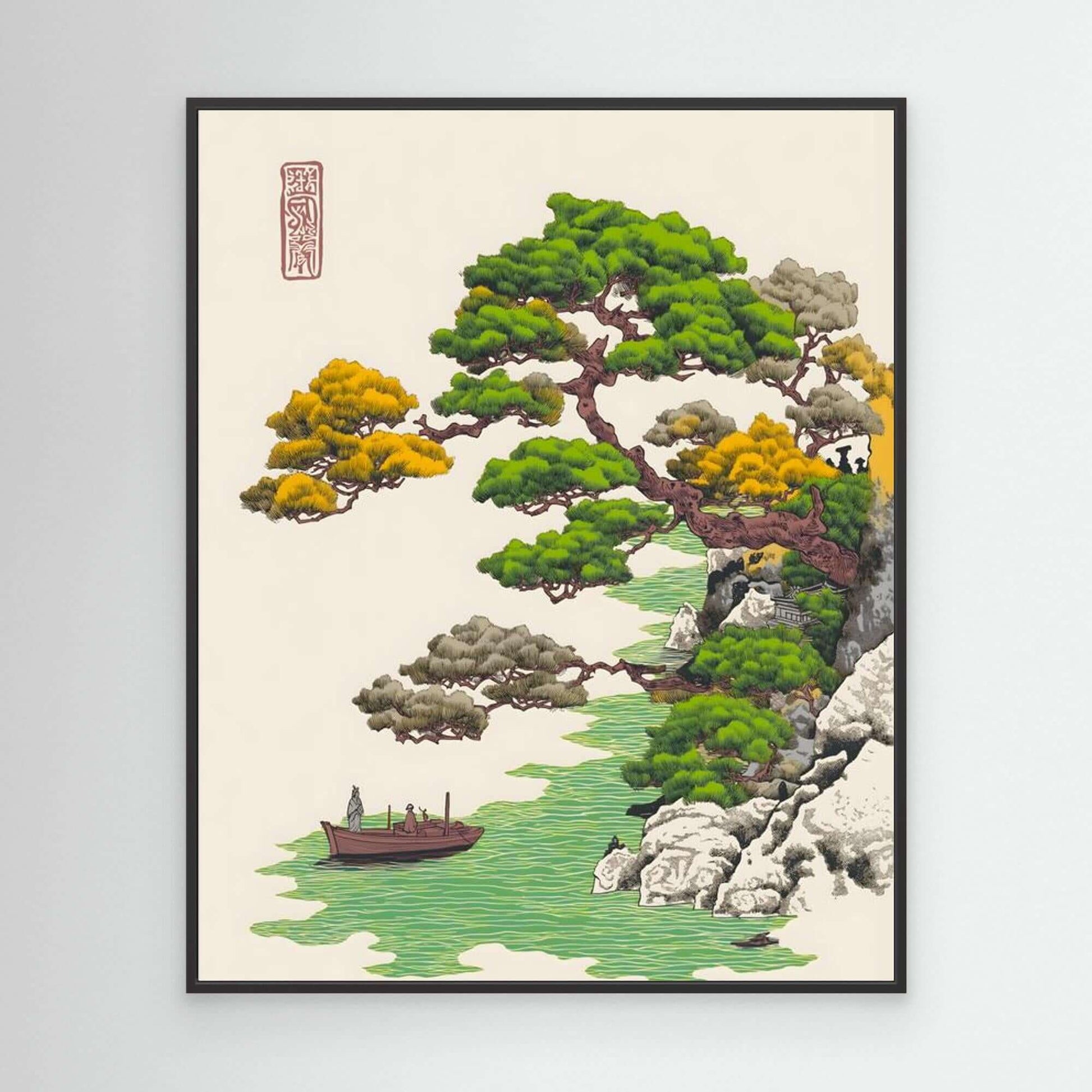 Ukiyo-e Pine Tree Landscape with Boat | Japanese Woodblock Print Art (67 characters)