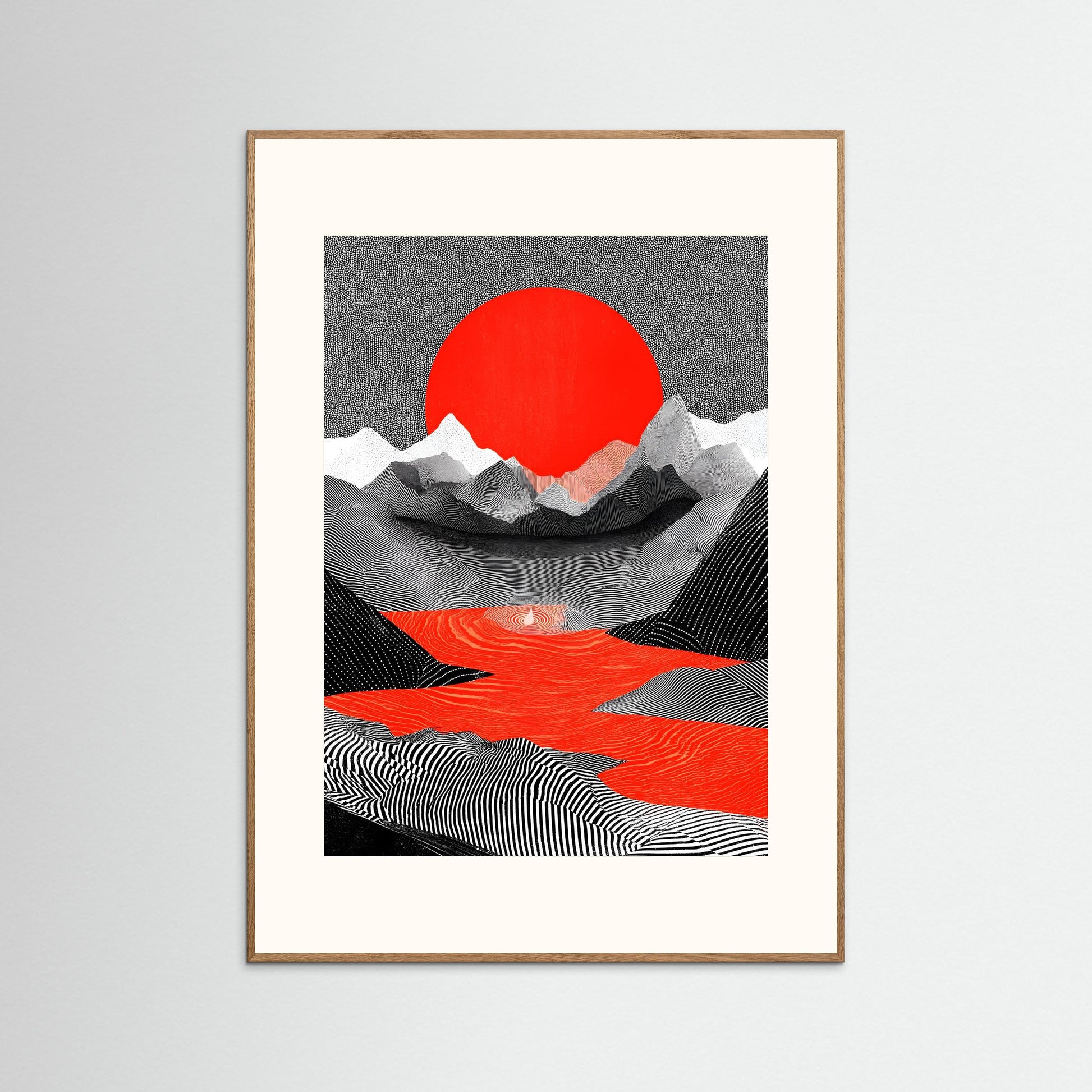 Abstract Japanese Landscape Wall Art – Red Sun Minimalist Mountain Print