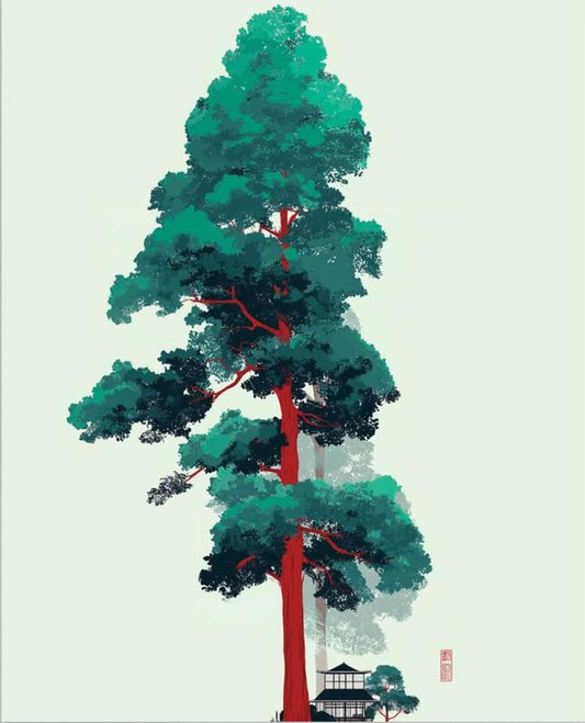 Japanese Tree Illustration | Red Trunk Green Leaves Minimalist Art