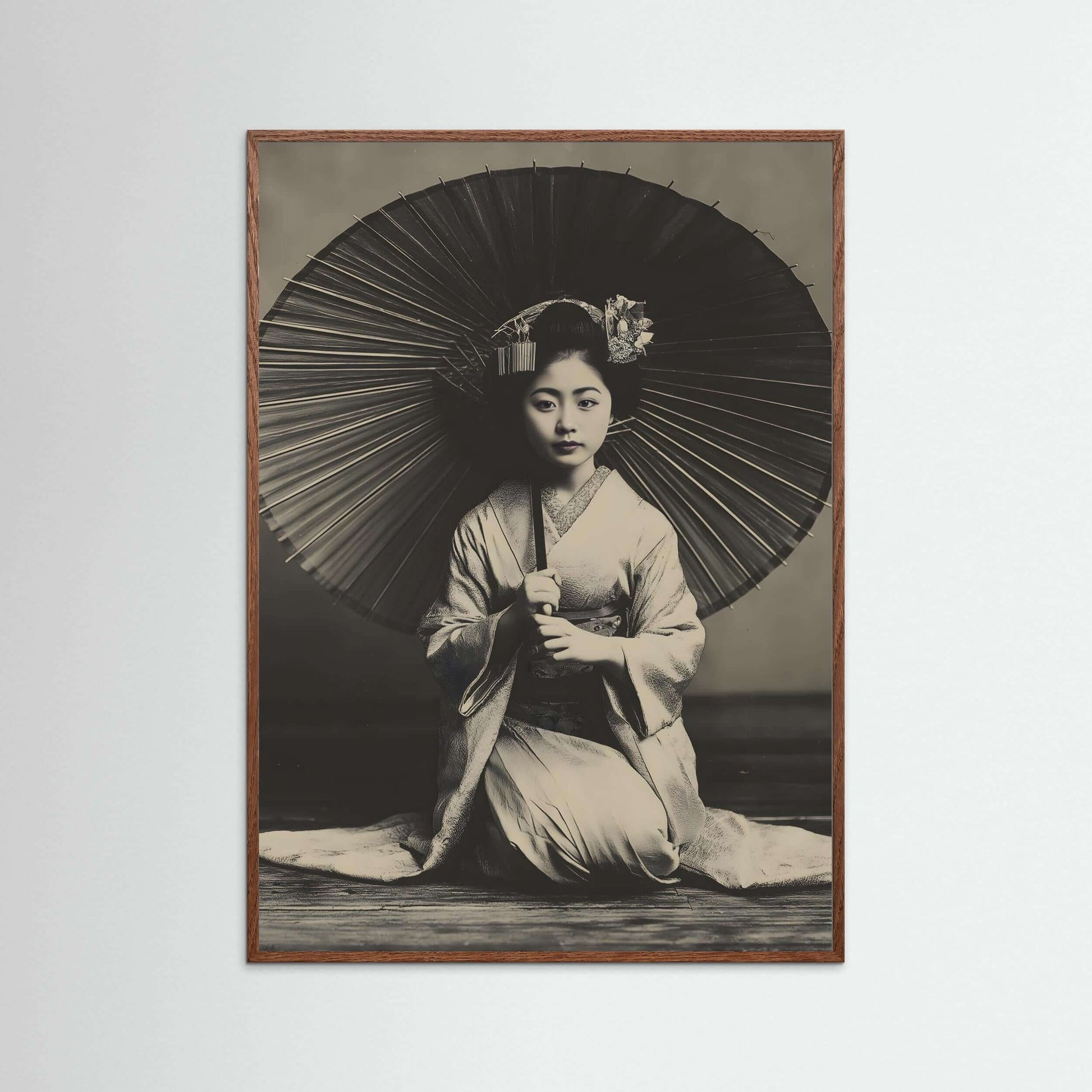 Japanese Geisha Wall Art Print – Timeless Black & White Portrait with Umbrella