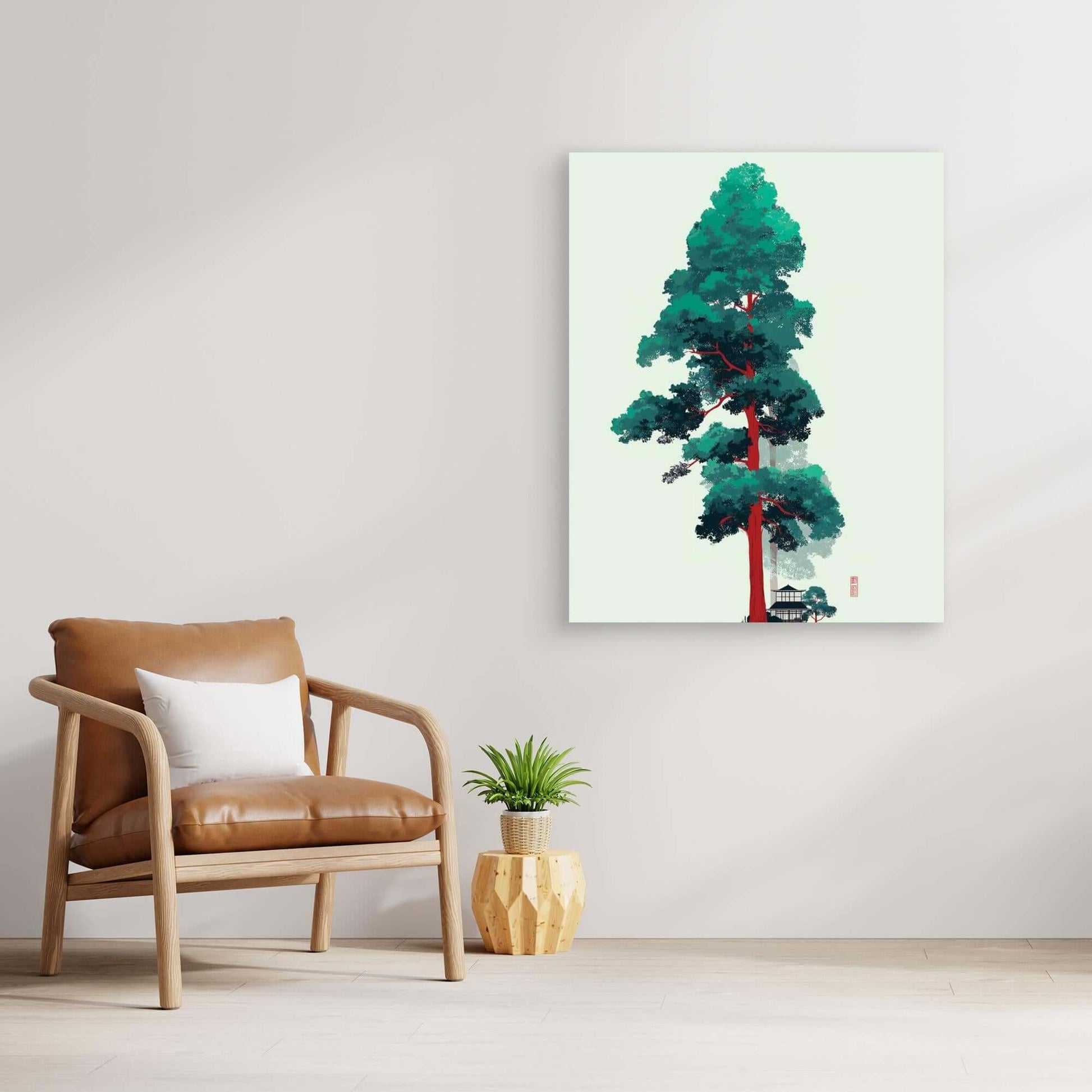 Japanese Tree Illustration | Red Trunk Green Leaves Minimalist Art