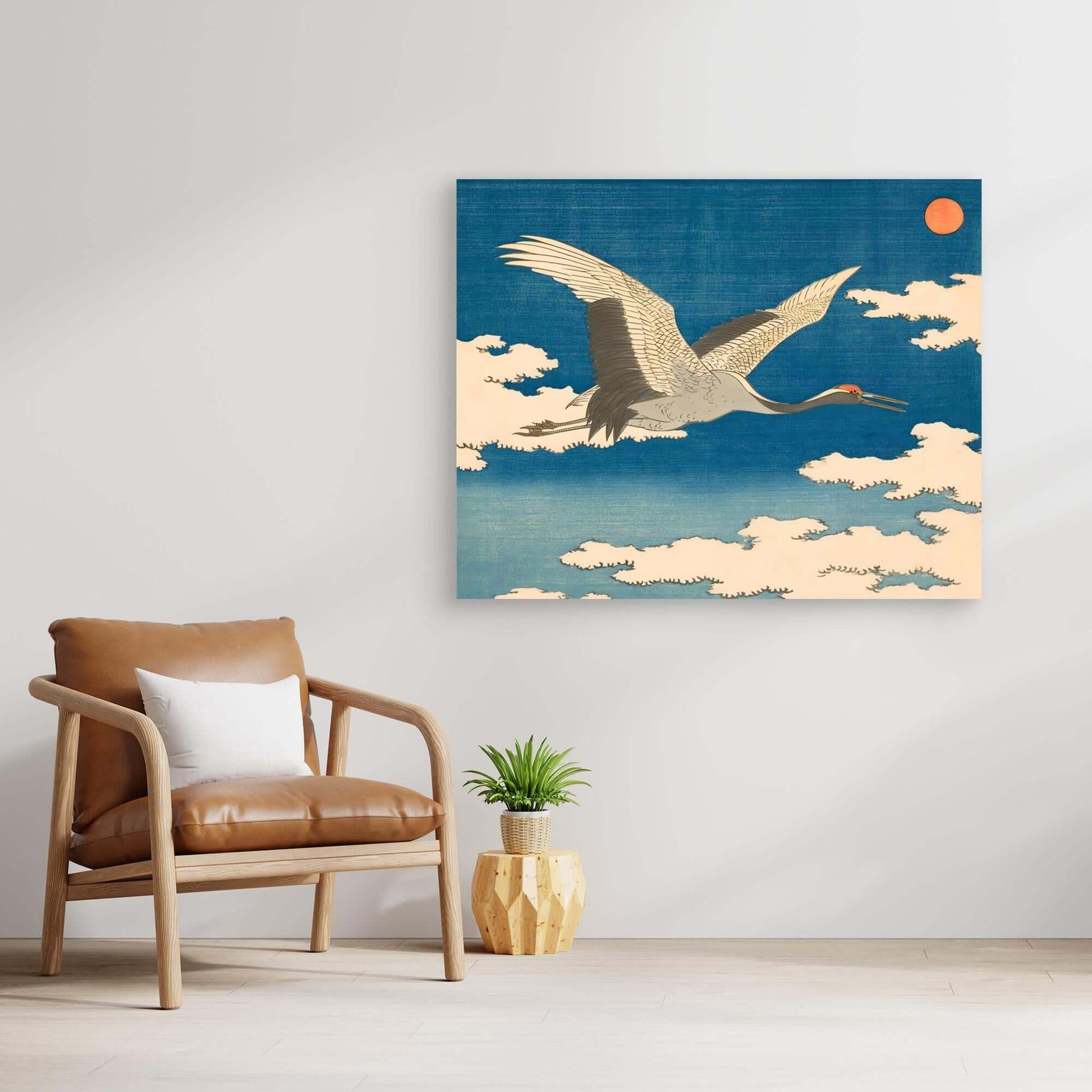 Japanese Crane Flying Art | Red Sun Clouds Ukiyo-e Woodblock Print