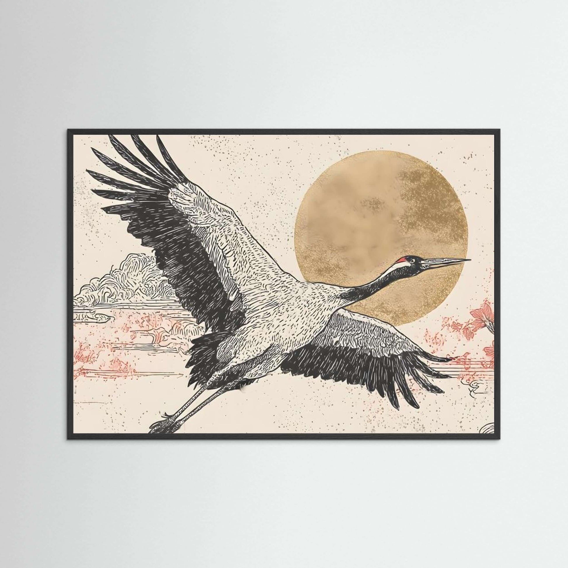 Golden Flight — Minimalist Crane Wall Art with Rising Sun
