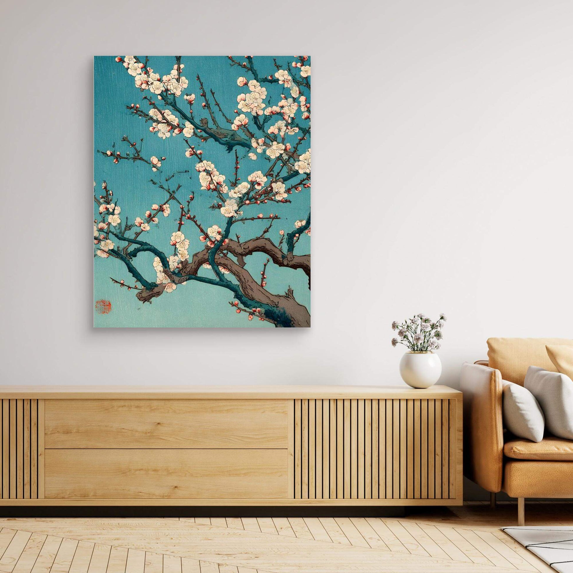 Japanese Cherry Blossom Art | Sakura Branch Teal Ukiyo-e Print