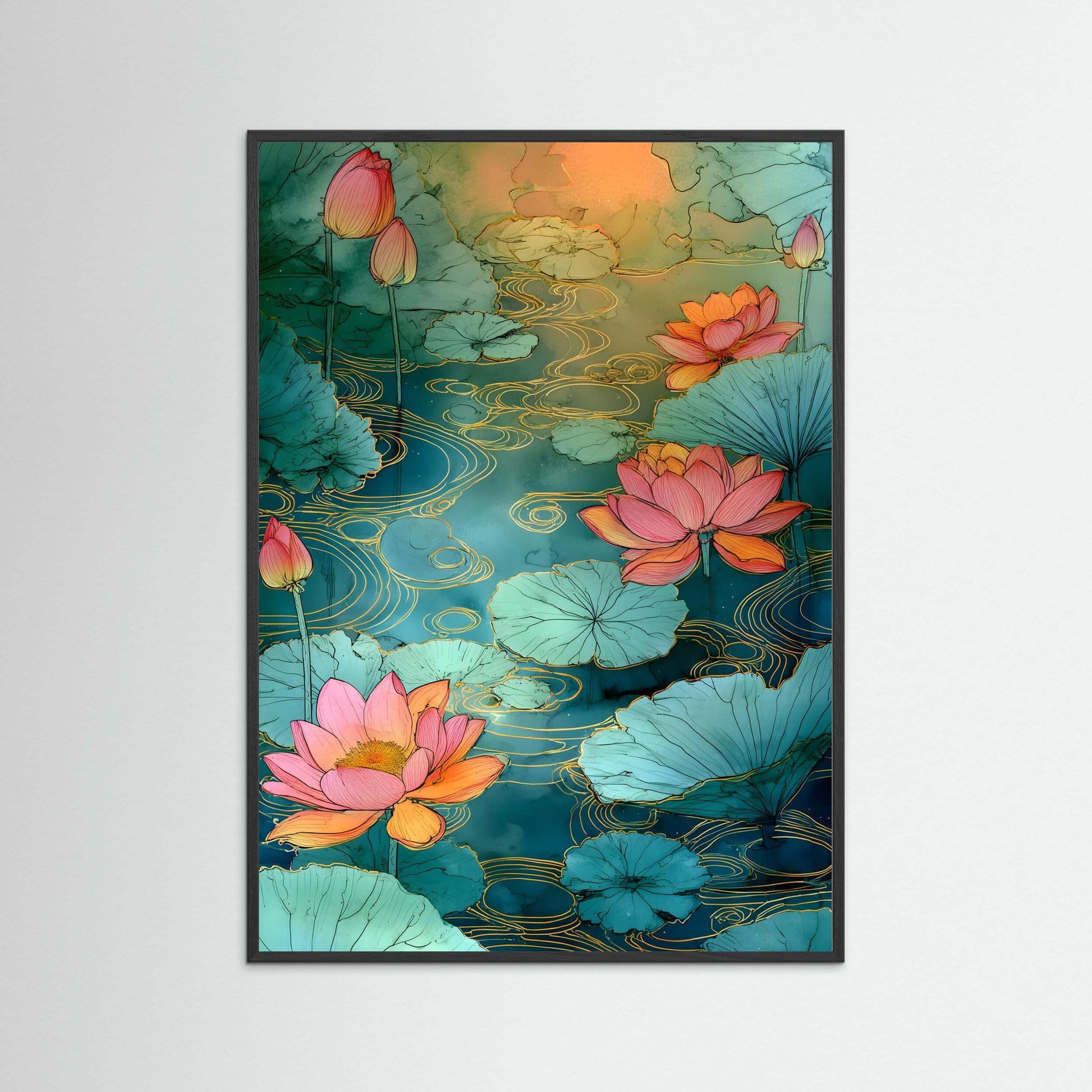  Japandi botanical wall art print-Golden Lotus Flow