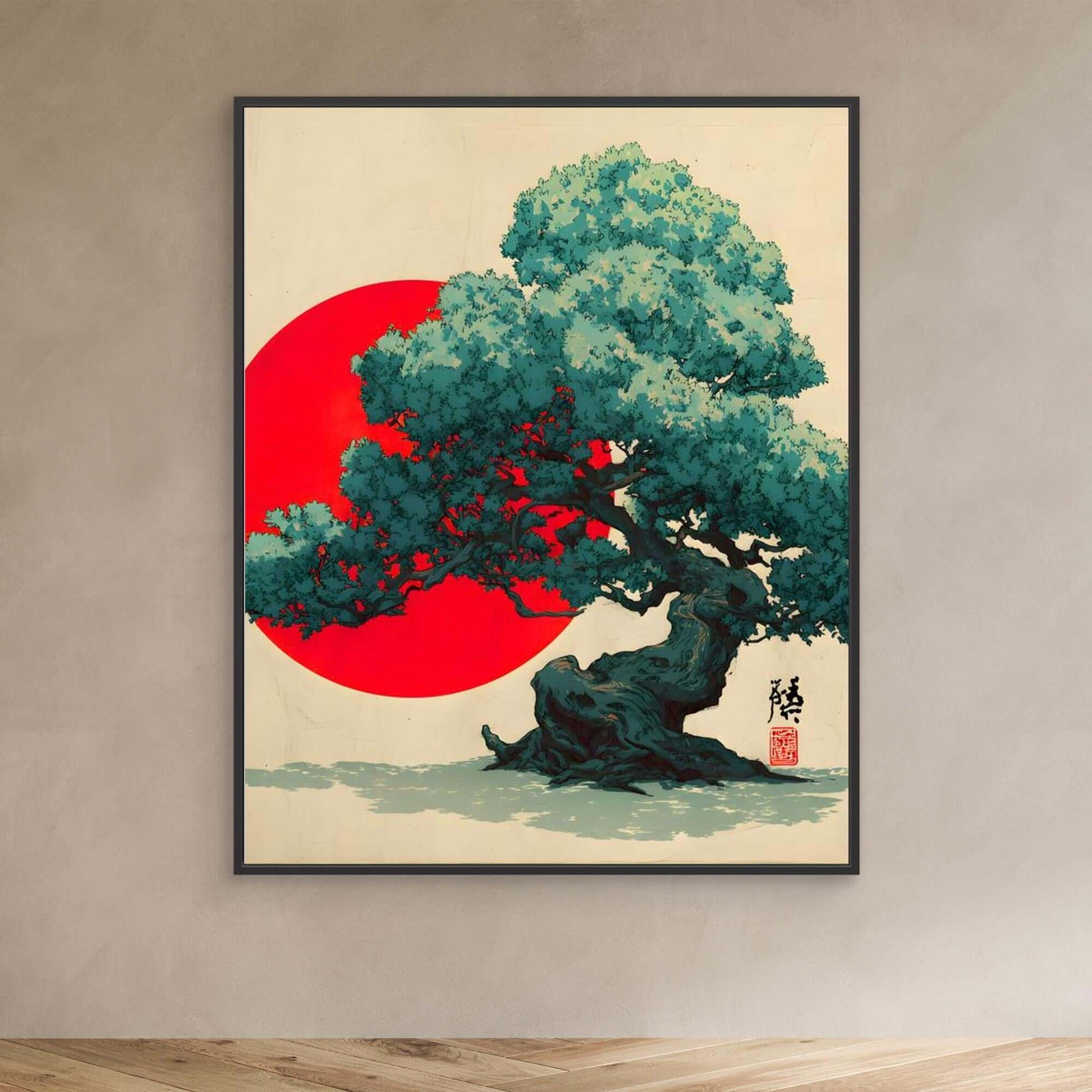 Japanese Red Sun Tree Art | Teal Bonsai Ukiyo-e Style Illustration