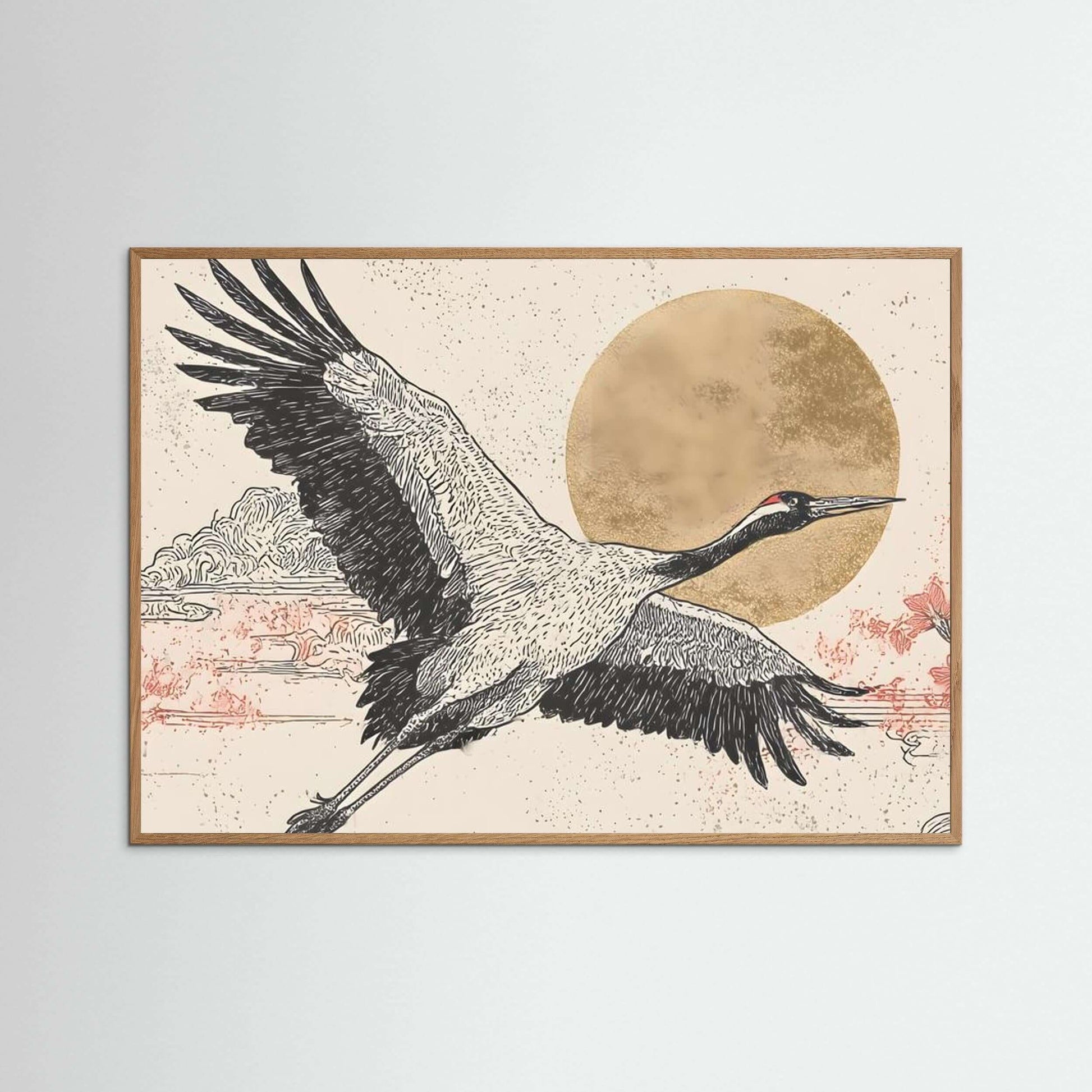 Golden Flight — Minimalist Crane Wall Art with Rising Sun
