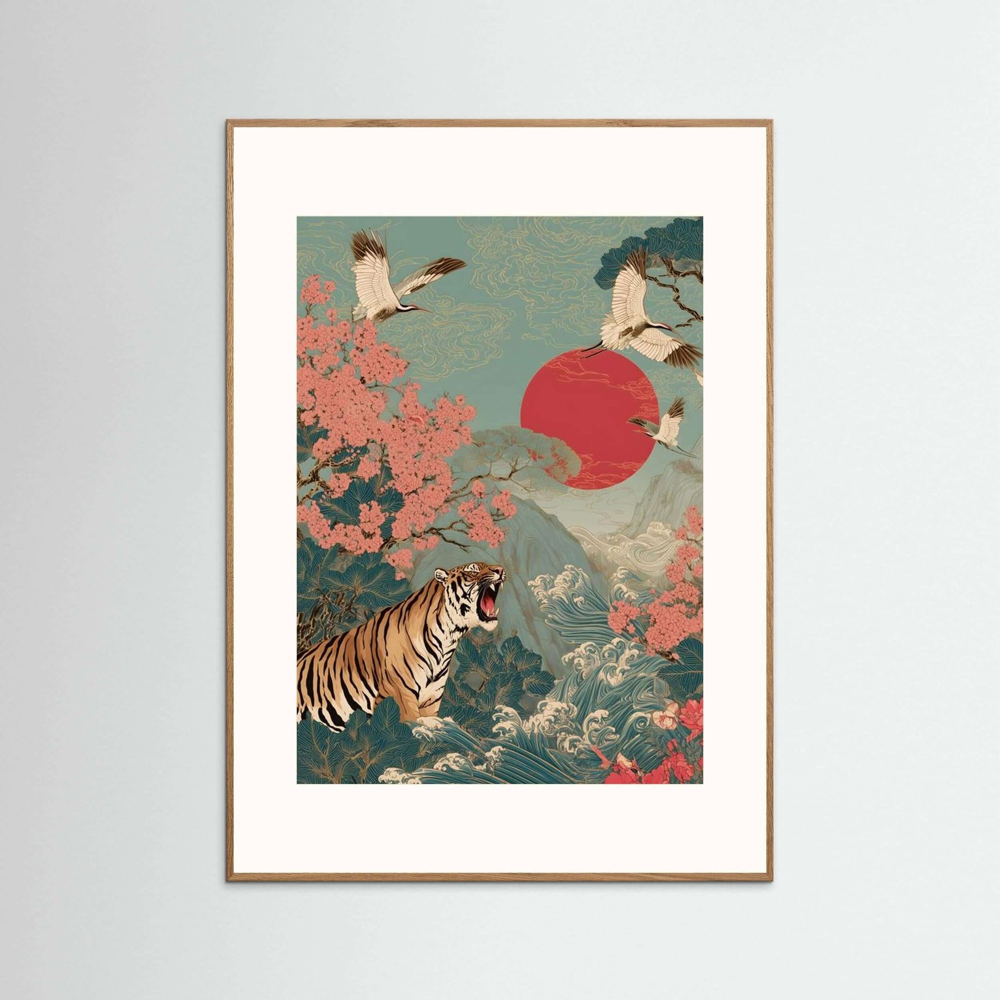 Crimson Sun Ascension — Tiger, Cranes & Sakura Japanese Wall Art