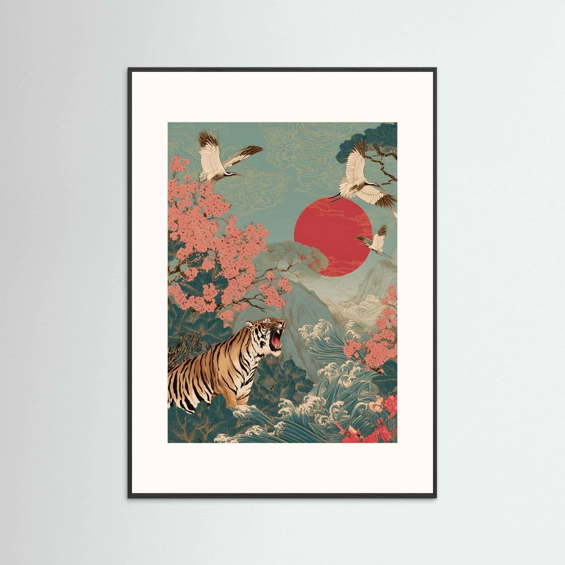 Crimson Sun Ascension — Tiger, Cranes & Sakura Japanese Wall Art