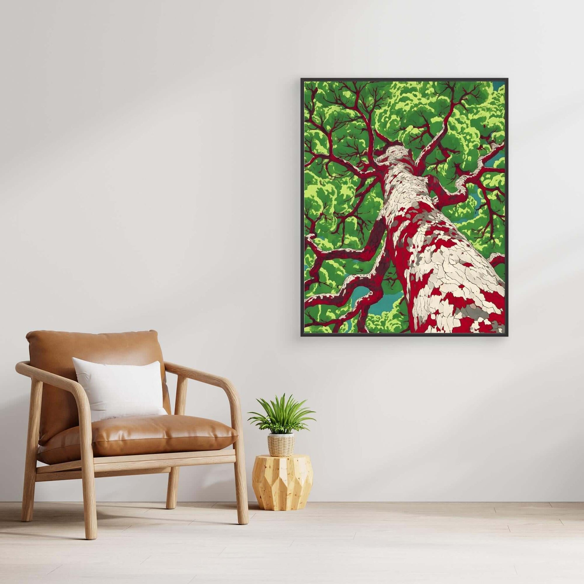Pop Art Tree Print | Bold Red Branches Green Leaves Graphic Illustration