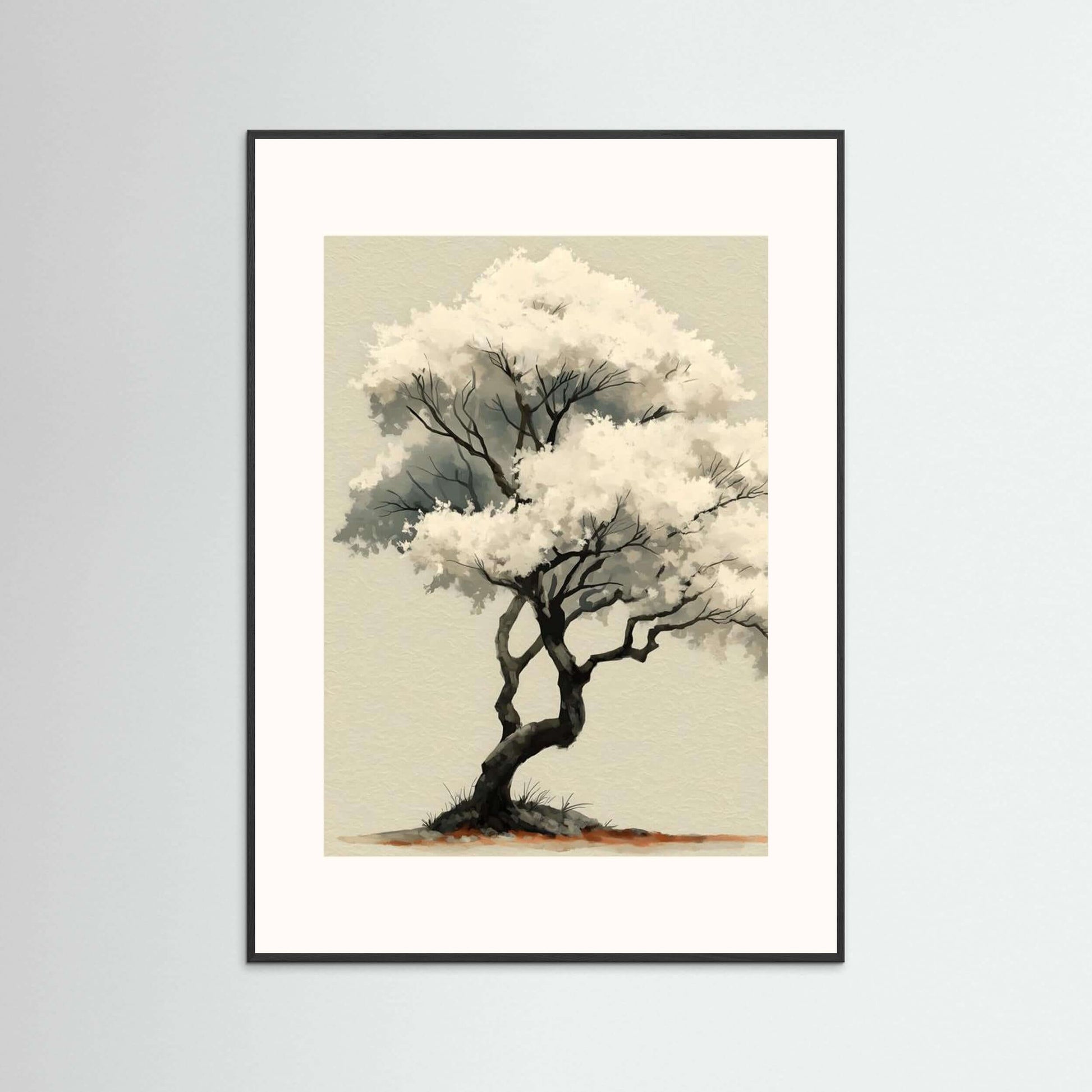 White Blossom Silence — Minimalist Zen Tree Wall Art Print