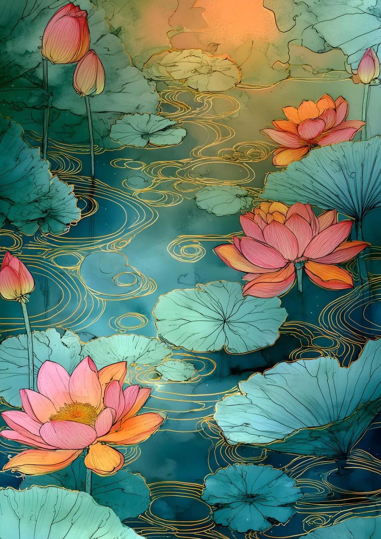  Japandi botanical wall art print-Golden Lotus Flow