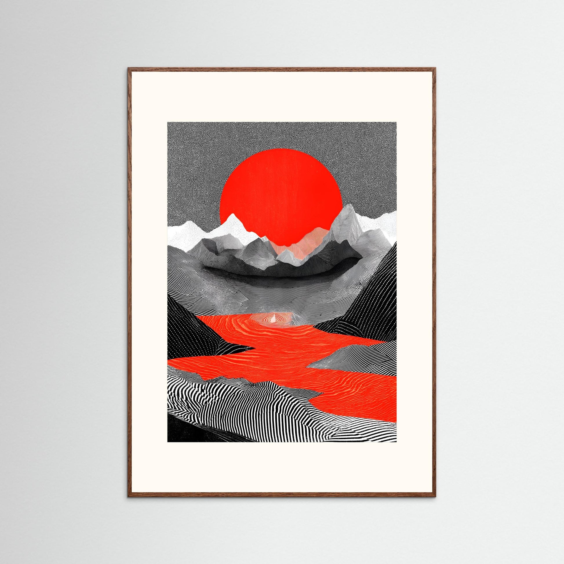 Abstract Japanese Landscape Wall Art – Red Sun Minimalist Mountain Print