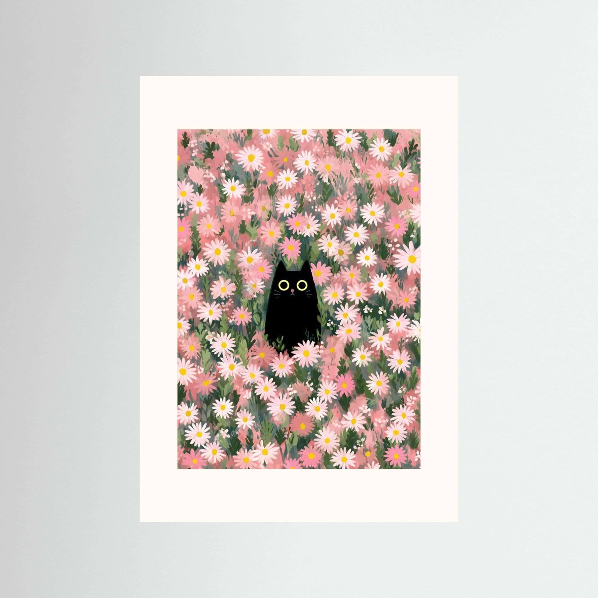Midnight Cat in Bloom — Whimsical Floral Cat Wall Art