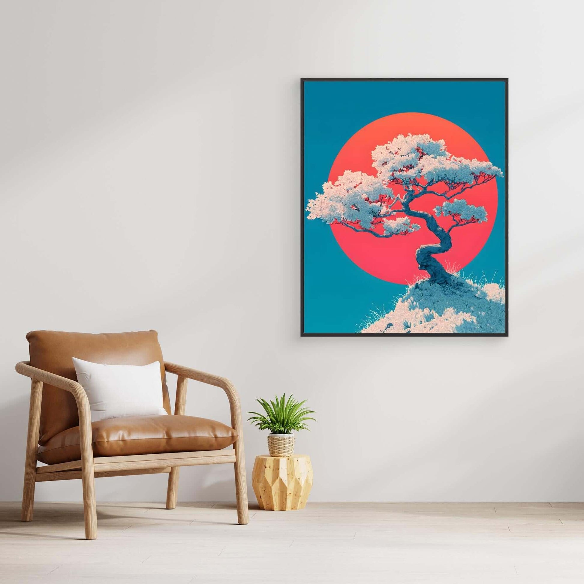Japanese Cherry Blossom Tree Art | Red Sun Teal Background Illustration