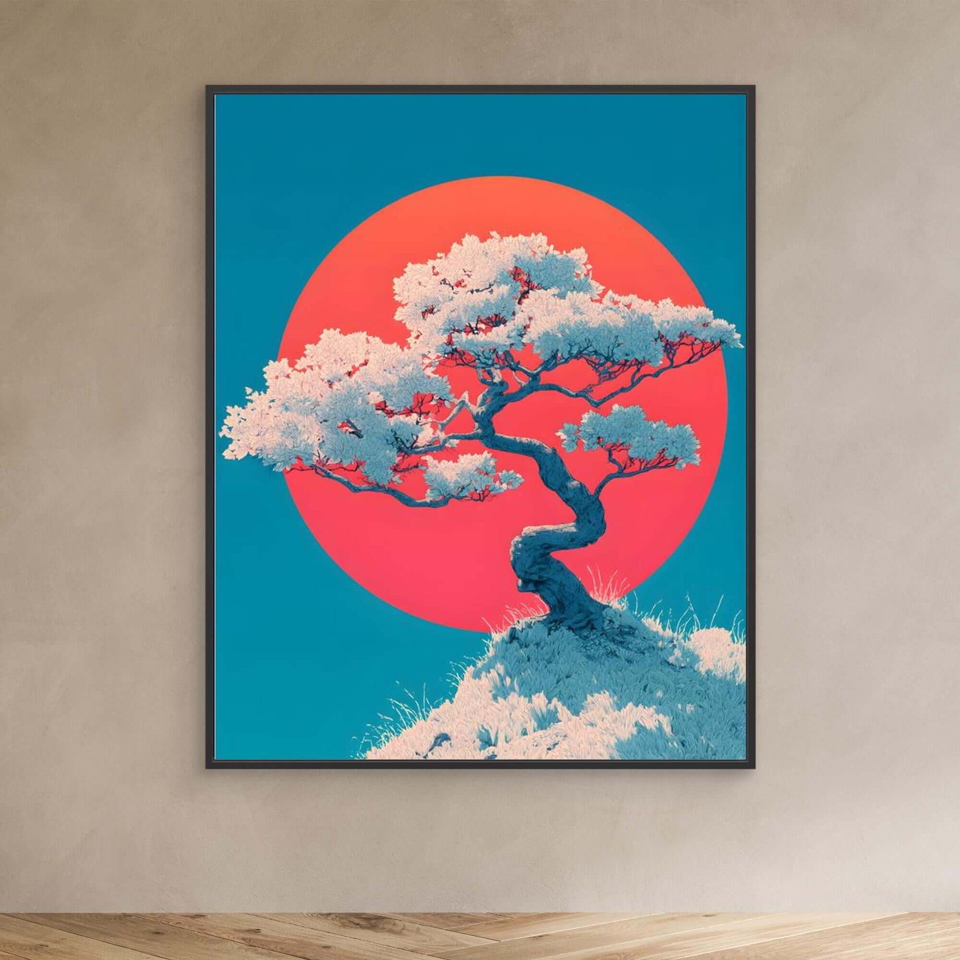 Japanese Cherry Blossom Tree Art | Red Sun Teal Background Illustration
